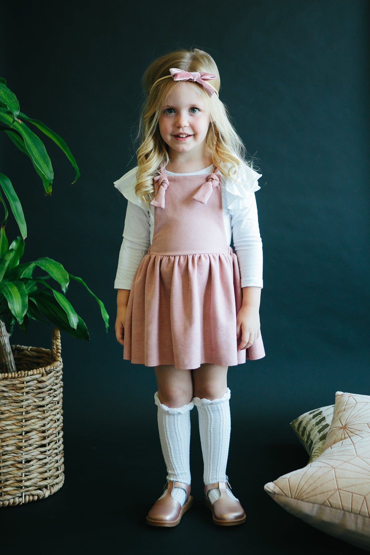 Vintage pink faux suede pinafore dress with crisscross adjustable back straps
