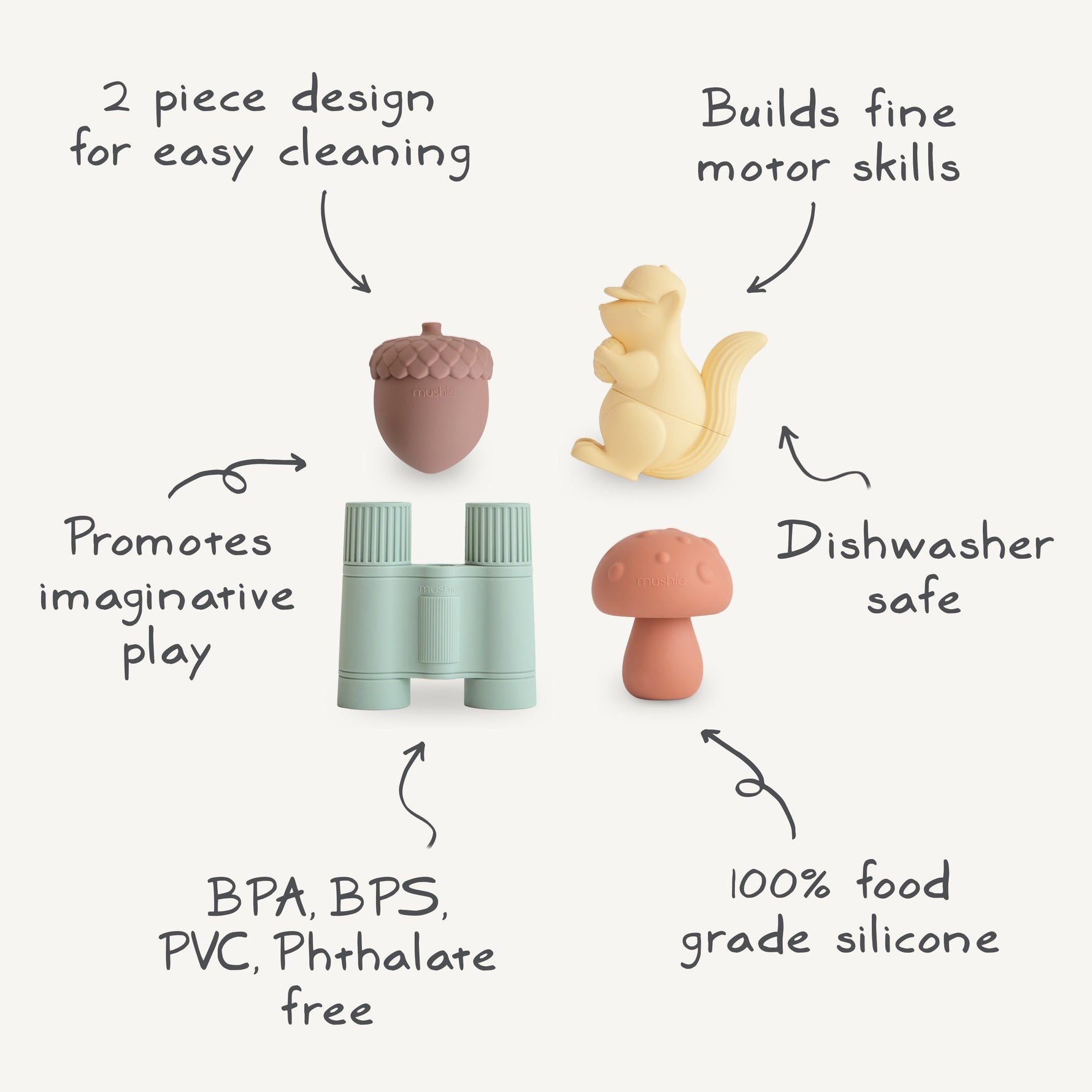 Mushie mold-free silicone bath play set with safe, non-toxic baby toys.
