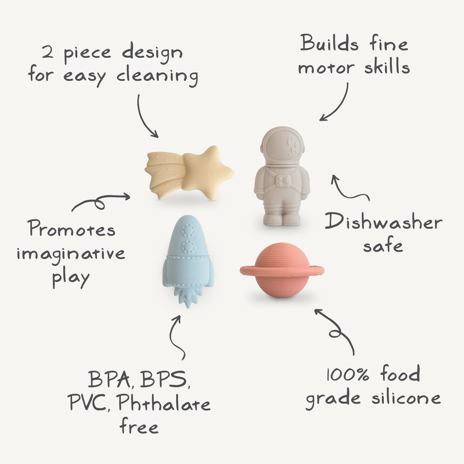 Mushie mold-free bath play set, safe baby and toddler bath toys.