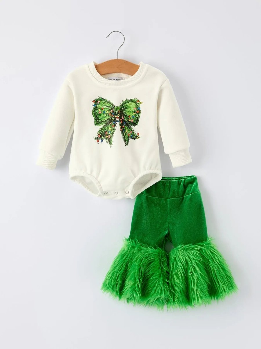 Mommy And Me Christmas Bow Print Romper Green Furry Bottoms Rylee Faith Designs Everetts Place Boutique