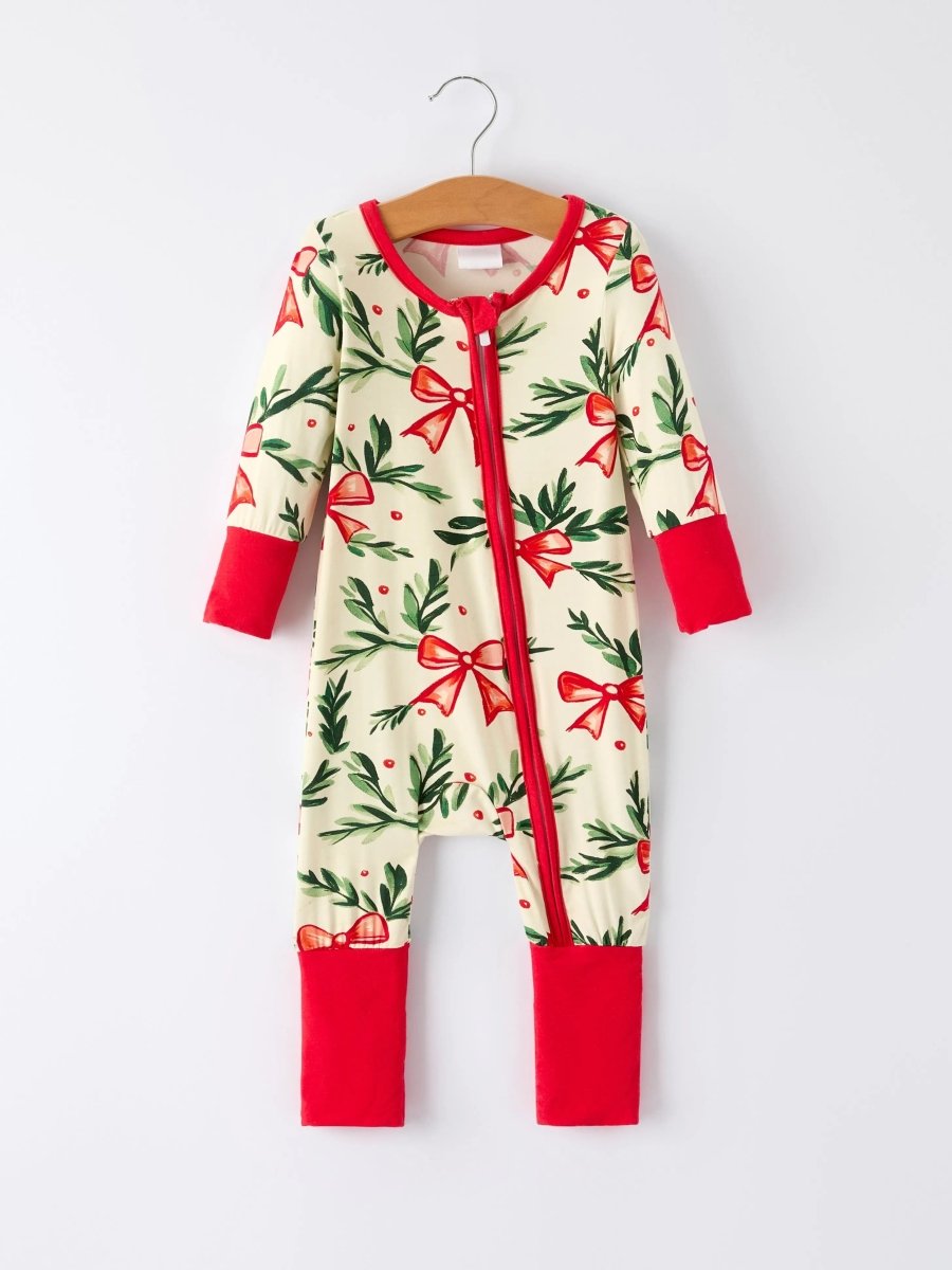 Mommy & Me Christmas Bow and Holly Print Pajama Girls Romper Rylee Faith Designs Everetts Place Boutique