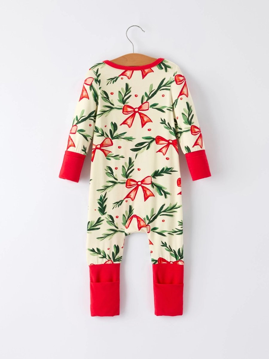 Mommy & Me Christmas Bow and Holly Print Pajama Girls Romper Rylee Faith Designs Everetts Place Boutique