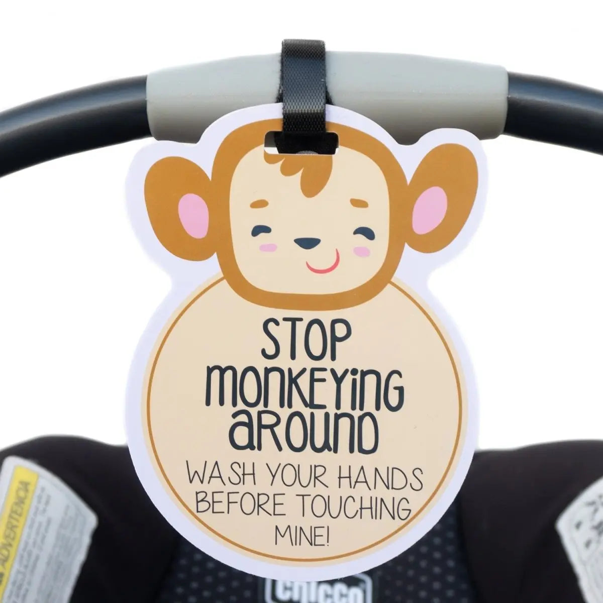 Three Little Tots Monkey Wash Your Hands No Touching Newborn Baby Car Seat Sign Tag - 
