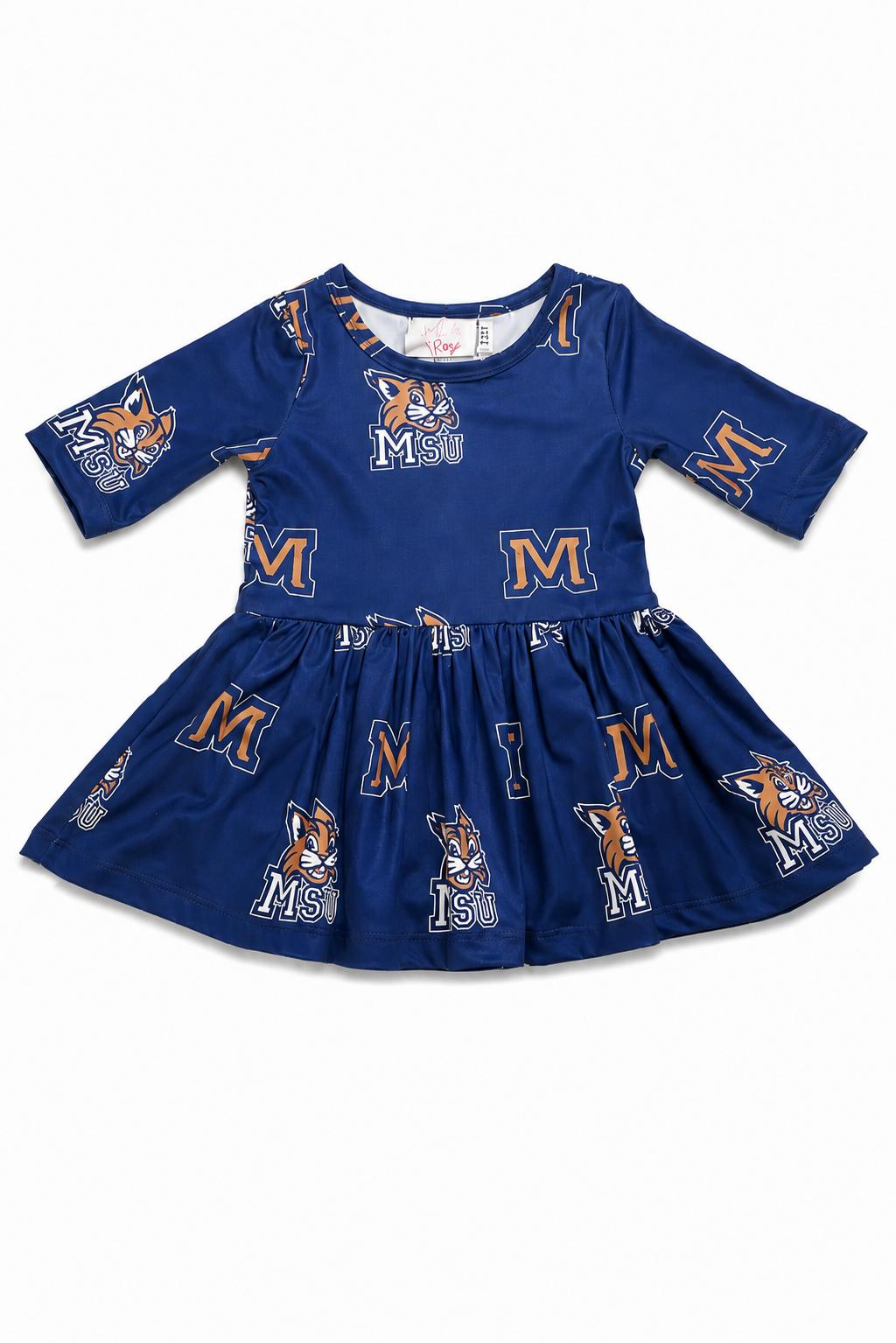 Blue Montana State Bobcat twirl bodysuit with 3/4 sleeves and attached twirl skirt