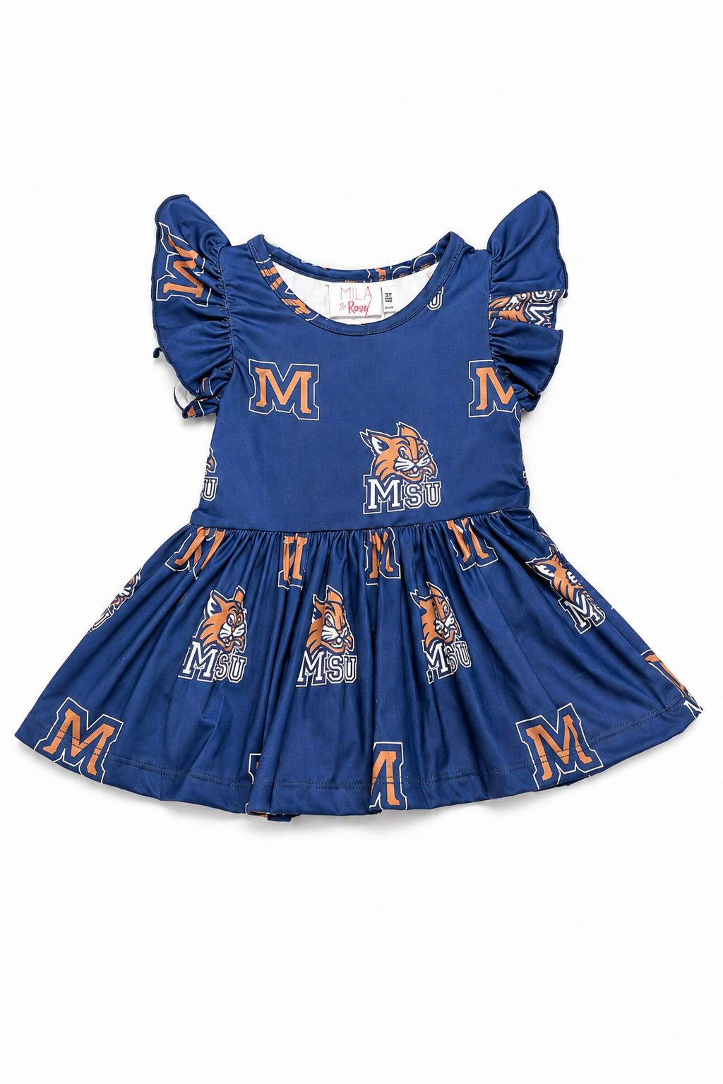 Blue Montana State Bobcat baby bodysuit with flutter sleeves and attached twirl skirt