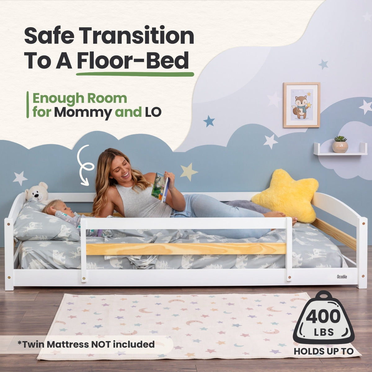 Twin Size Montessori-Inspired Floor Bed with Safety Guardrails for Kids by Ocodile.com