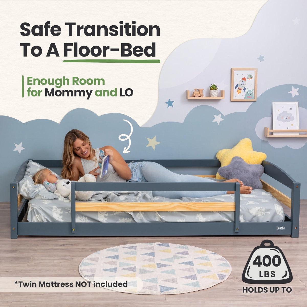 Twin Size Montessori-Inspired Floor Bed with Safety Guardrails for Kids by Ocodile.com