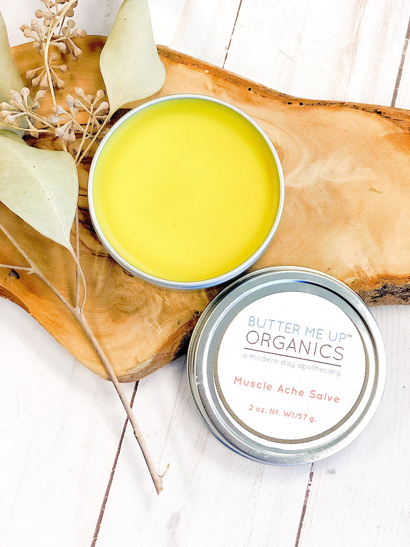 Organic muscle ache salve in a zero waste tin with cayenne and natural ingredients for pain relief.