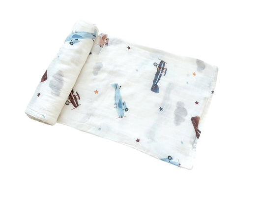 Muslin Swaddle Blanket - Vintage Airplane Harp Angel Boutique