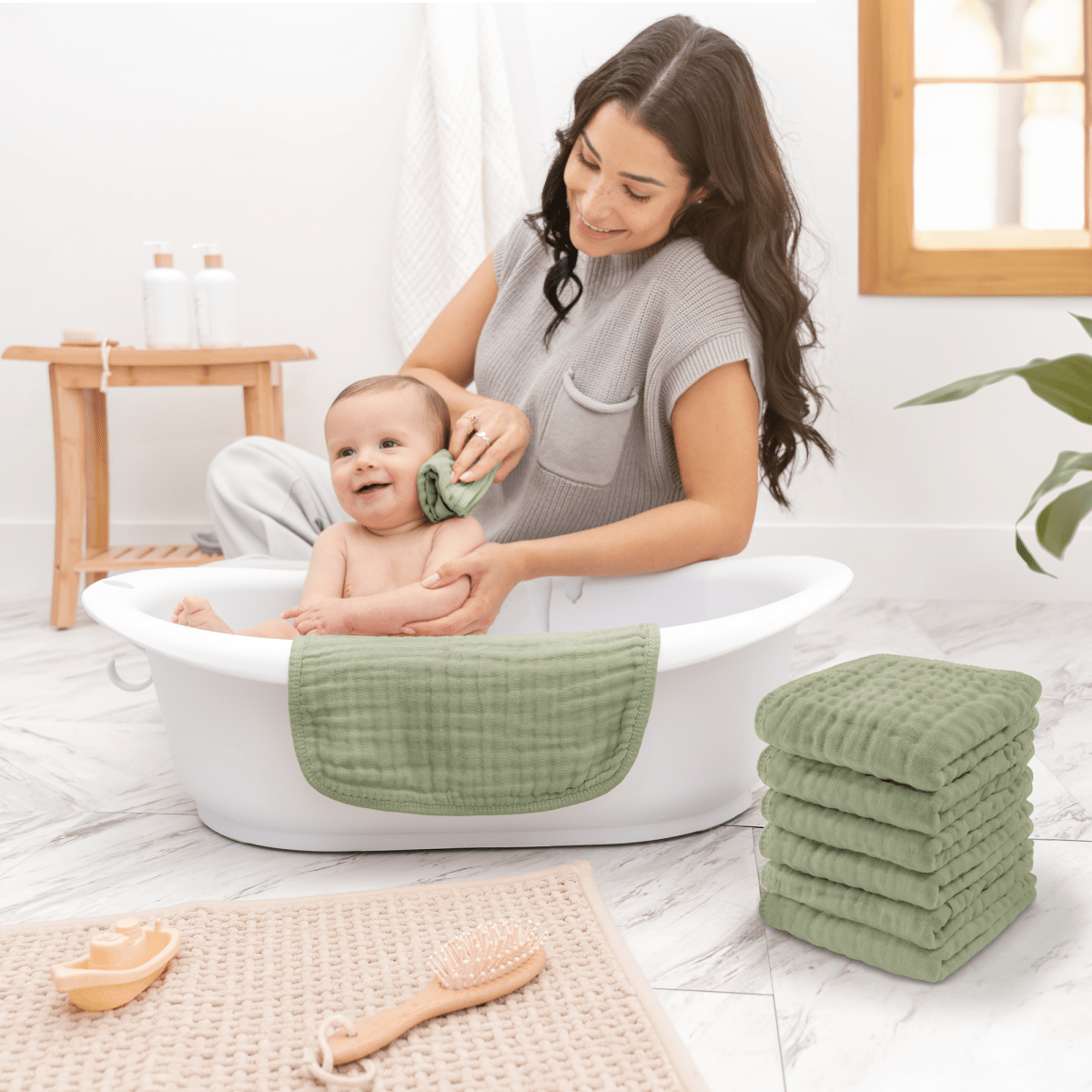 Comfy Cubs Muslin Washcloths Sage for Baby Bath Gentle Clean Soft Kids - Everetts Place Boutique - 