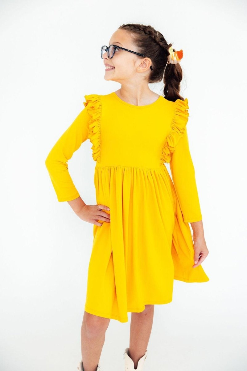 Mila & Rose ® Mustard Long Sleeve Ruffle Twirl Dress For Girls Everyday - Everetts Place Boutique - 