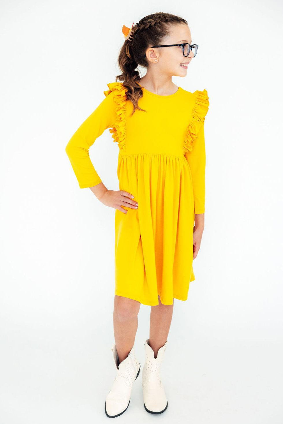 Mustard Long Sleeve Ruffle Twirl Dress For Girls Everyday Mila & Rose ® Everetts Place: Online Boutique