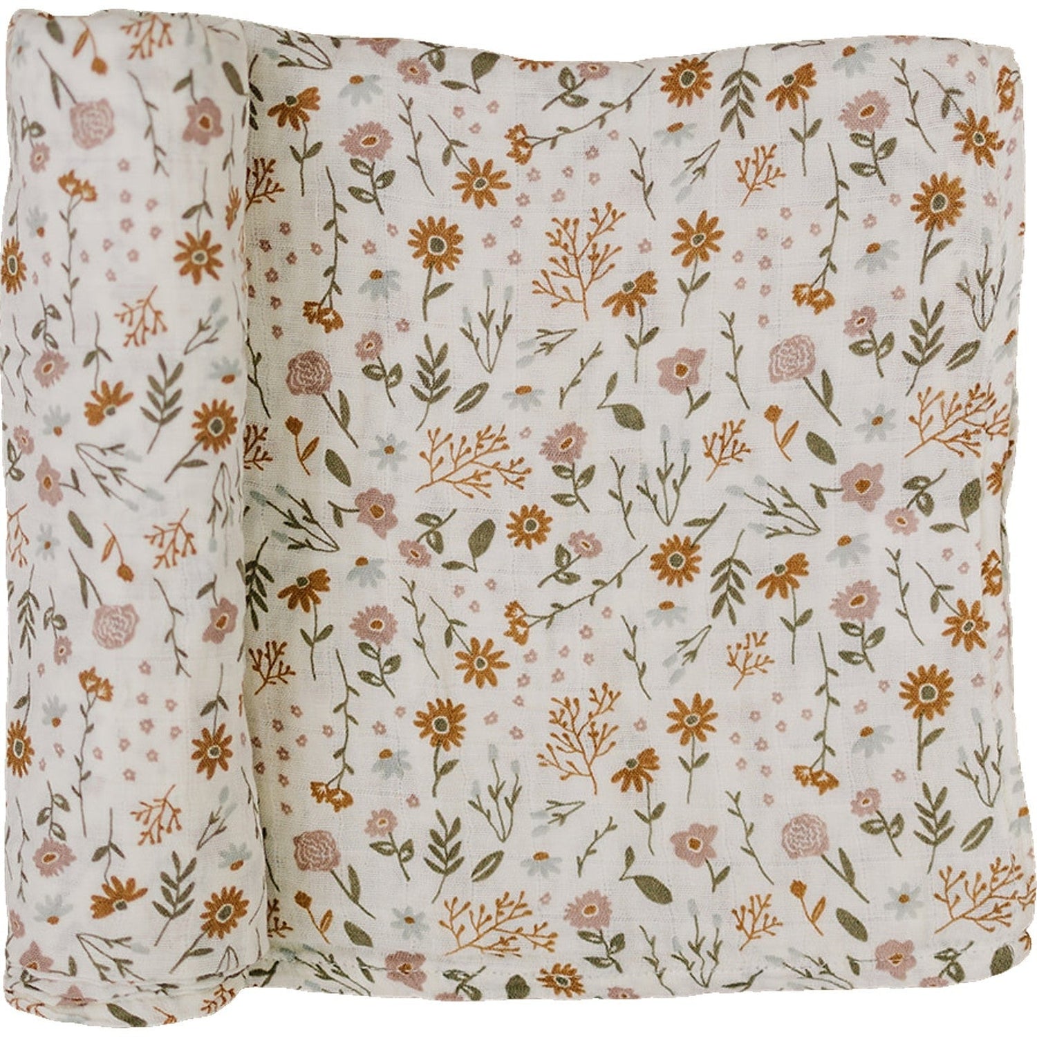 Muslin swaddle blanket with a neutral meadow floral print on a light background