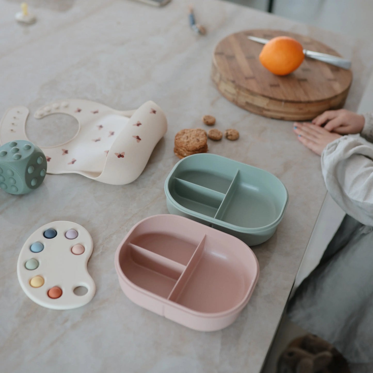 BPA Free Plastic Lunchbox with Built In Compartments and Locking Utensils Mushie
