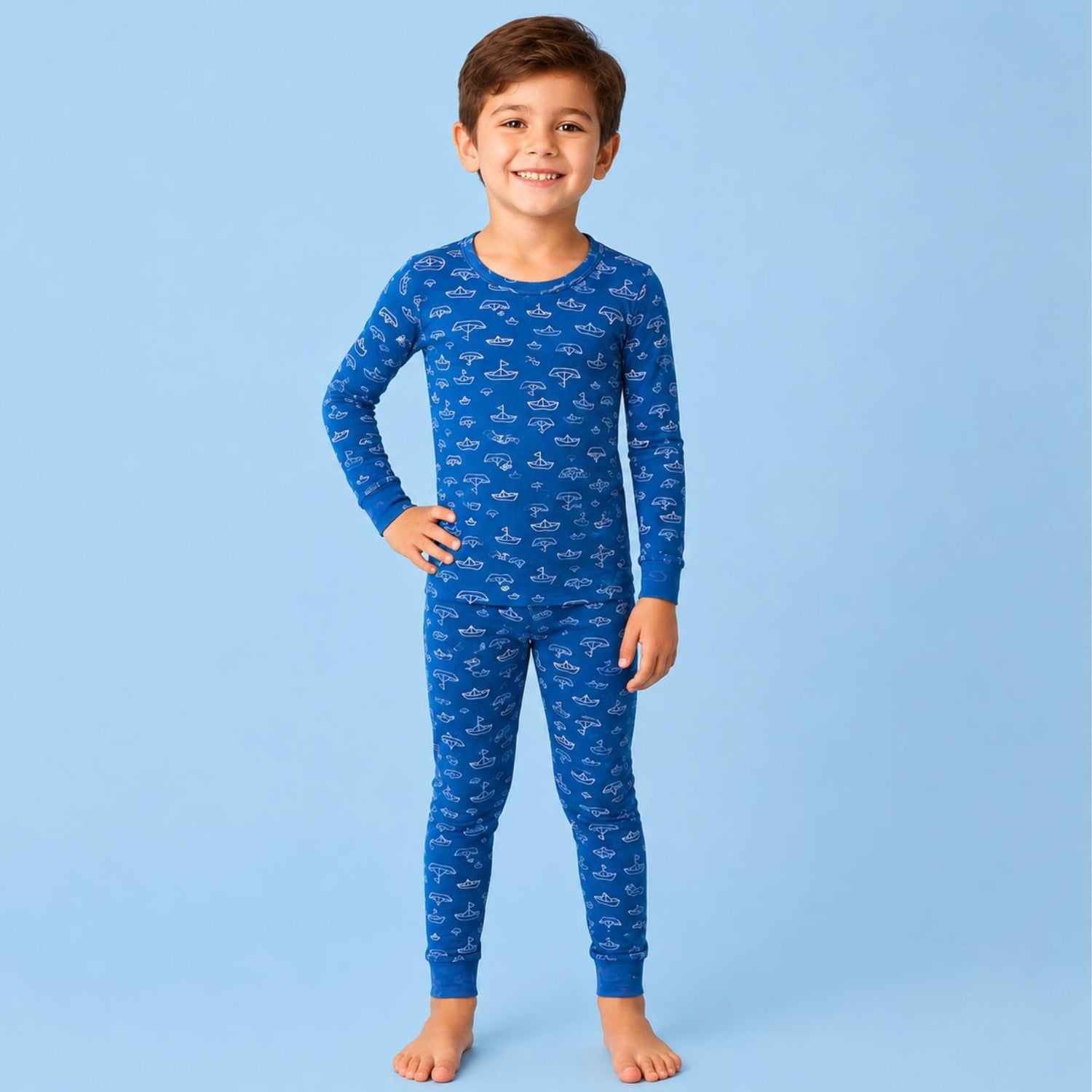 Kids long-sleeve pajama set with nautical print top and matching pants
