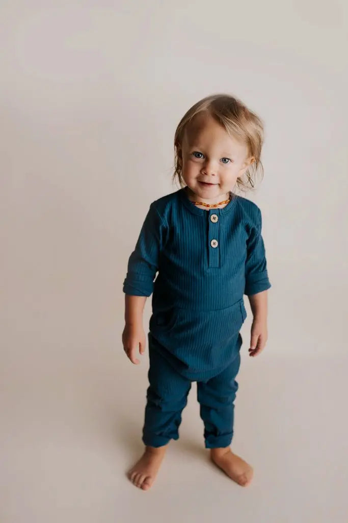 Three Little Tots Navy Baby Ribbed Playsuit with pockets - 