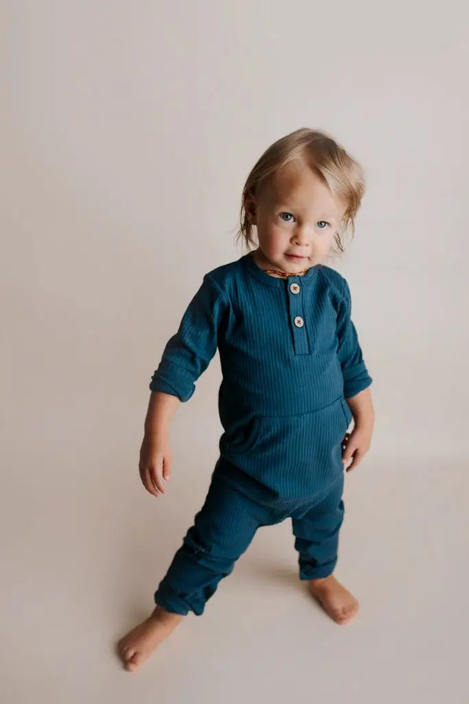 Three Little Tots Navy Baby Ribbed Playsuit with pockets - 