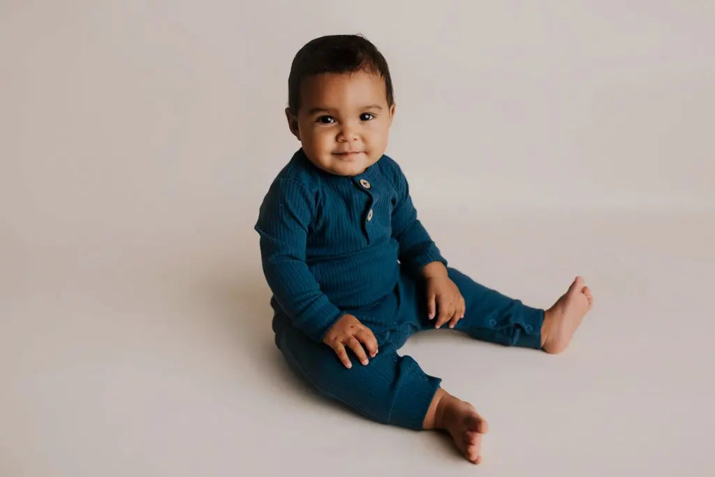 Three Little Tots Navy Baby Ribbed Playsuit with pockets - 