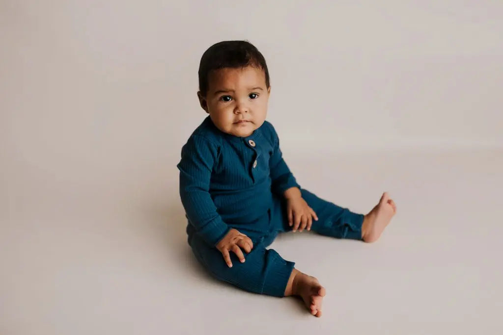 Three Little Tots Navy Baby Ribbed Playsuit with pockets - 