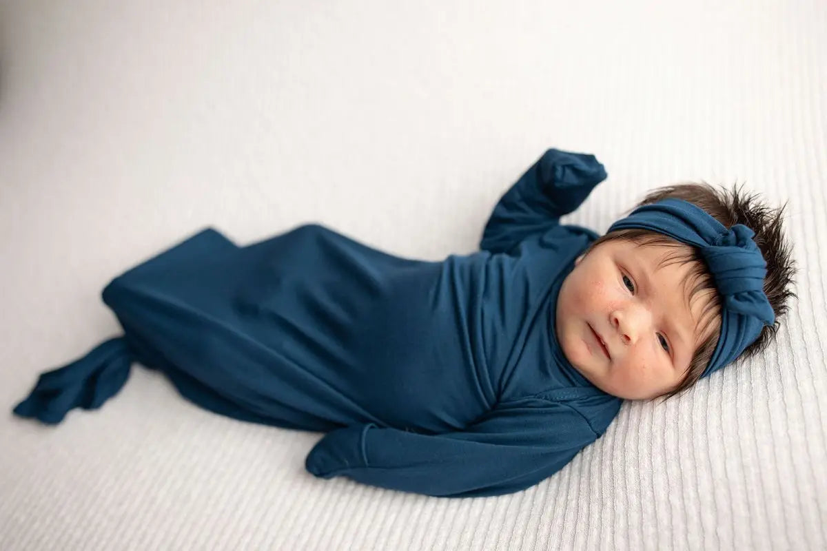 Three Little Tots Navy Blue Knotted Newborn Baby Gown - 
