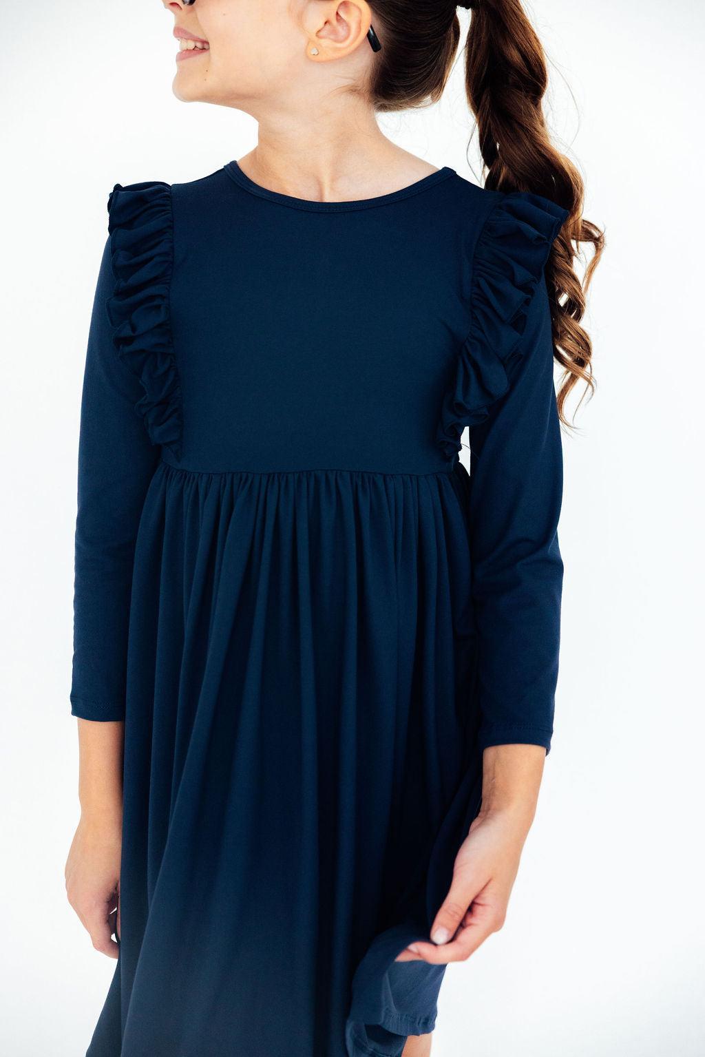 Navy Long Sleeve Ruffle Twirl Dress For Girls Mila Rose Mila & Rose ® Everetts Place: Online Boutique