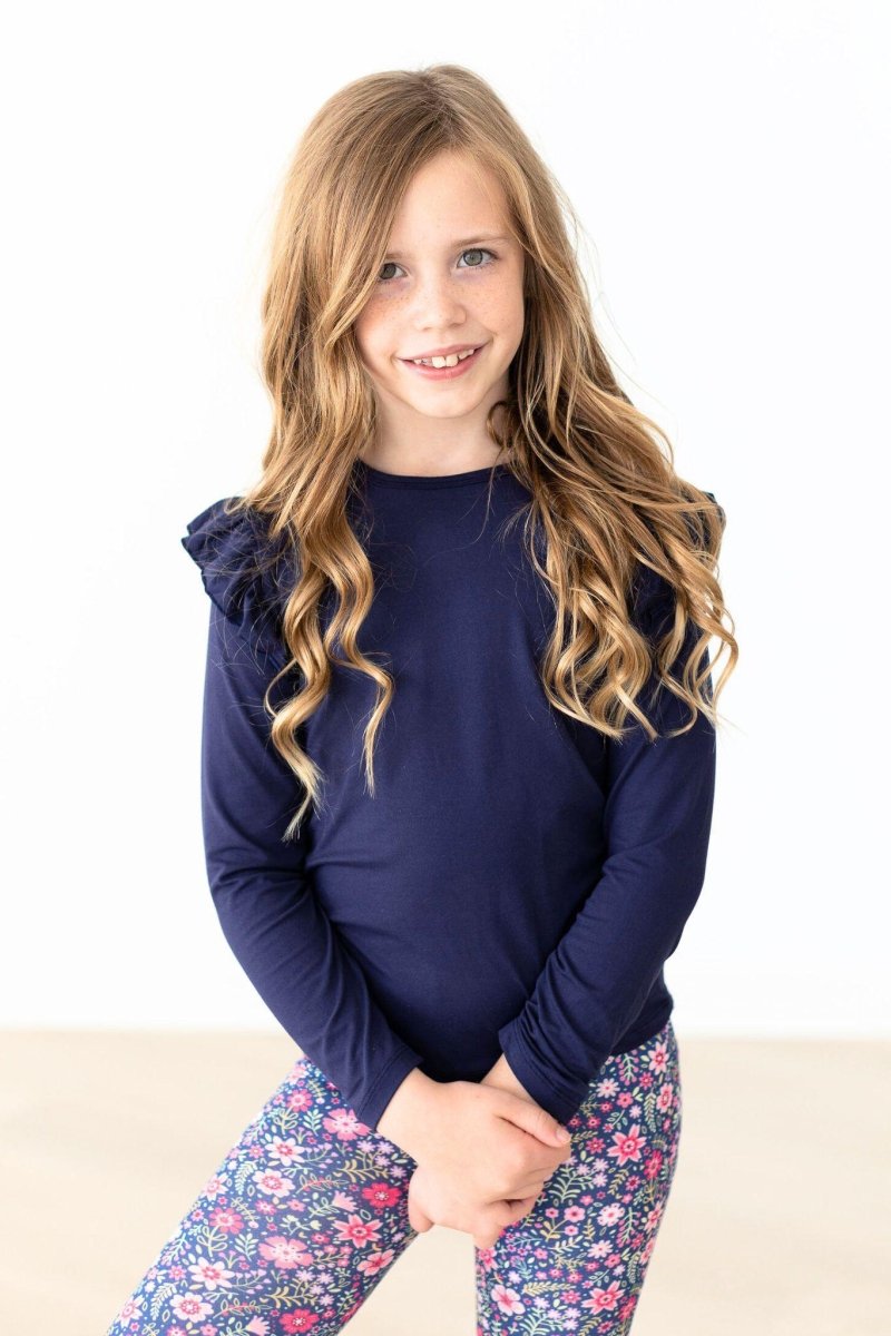 Mila & Rose ® Navy Solid Long Sleeve Ruffle Tee For Girls Mila Rose Kids - Everetts Place Boutique - 