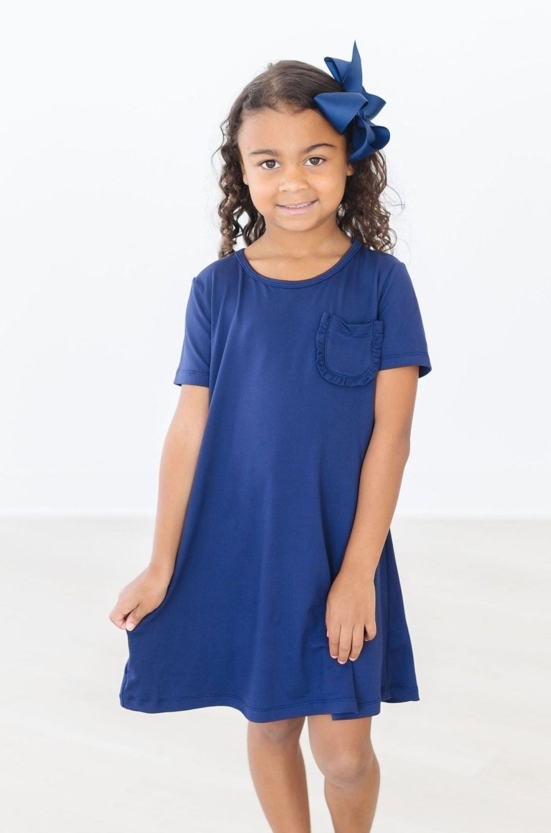 Mila & Rose ® Navy T Shirt Dress For Girls With Ruffle Pocket For Playtime - Everetts Place Boutique - 