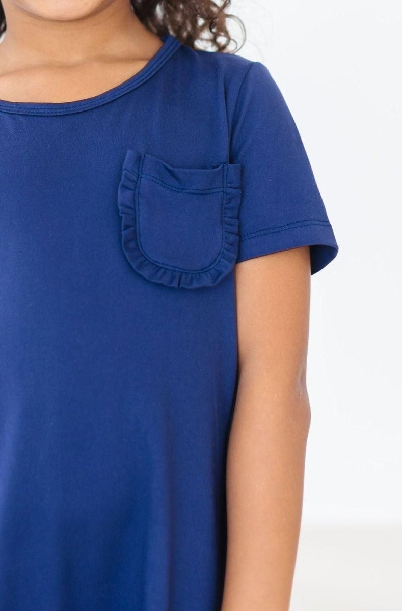 Mila & Rose ® Navy T Shirt Dress For Girls With Ruffle Pocket For Playtime - Everetts Place Boutique - 