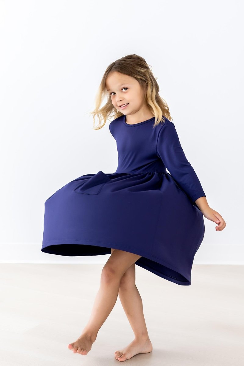 Mila & Rose ® Navy Three Quarter Sleeve Pocket Twirl Dress For Girls - Everetts Place Boutique - 