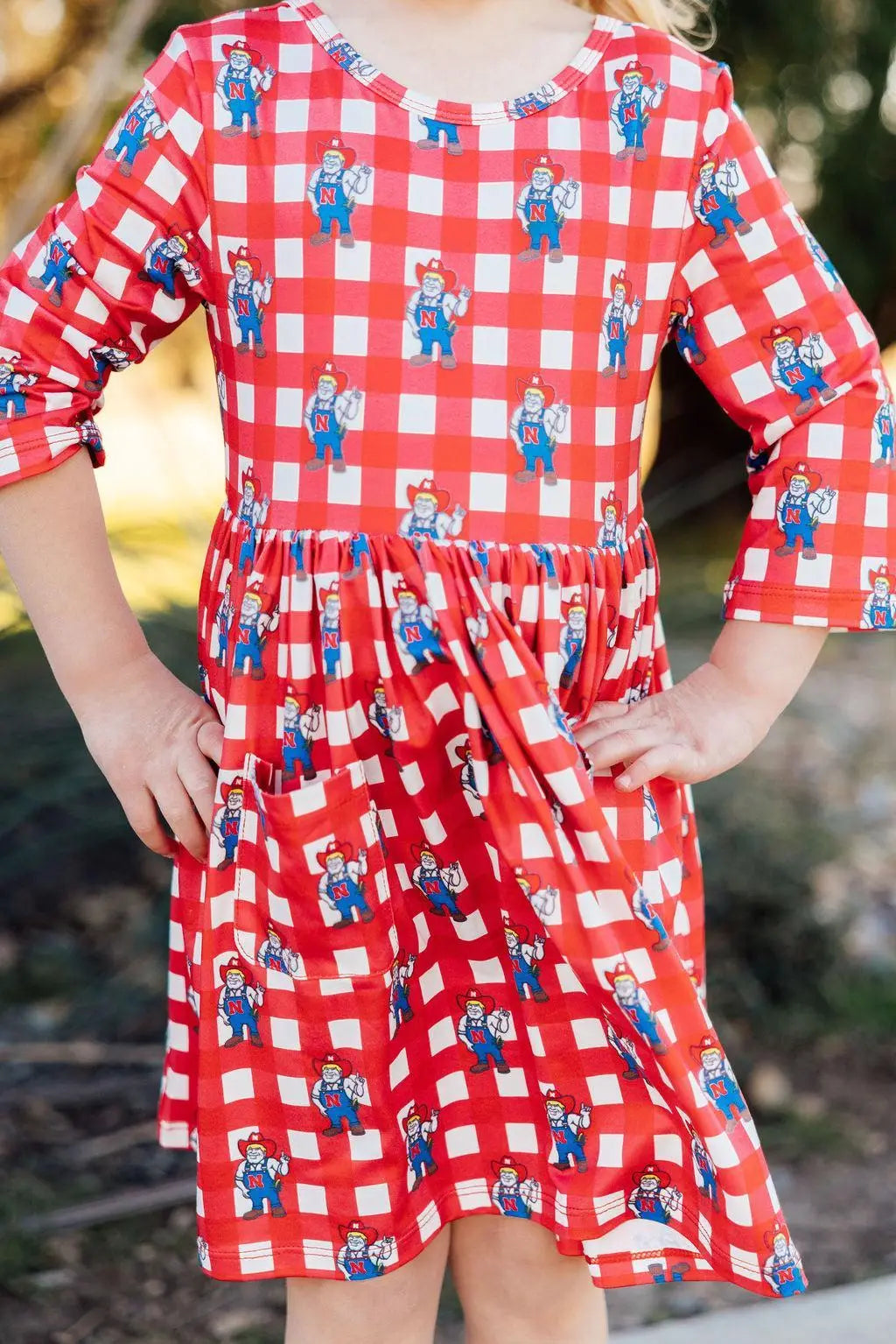 Nebraska Plaid Herbie Husker 3/4 Sleeve Pocket Twirl Dress Mila & Rose ® 