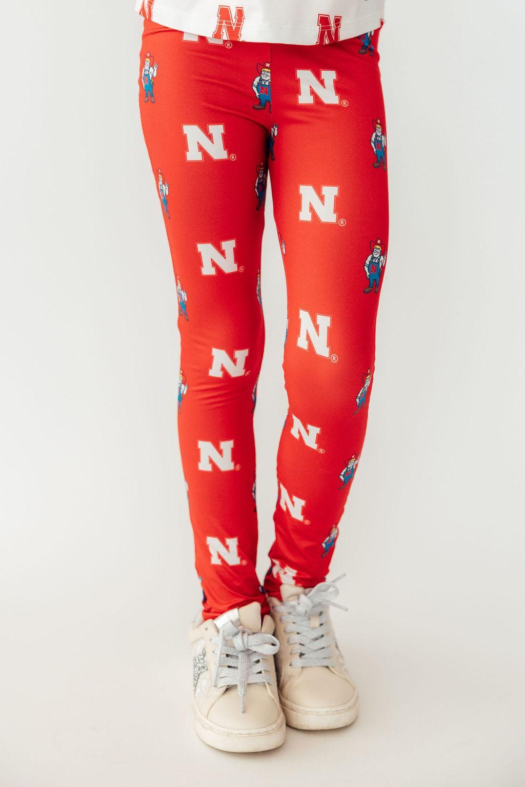 Mila & Rose organic baby leggings, Nebraska Red Herbie Husker design.