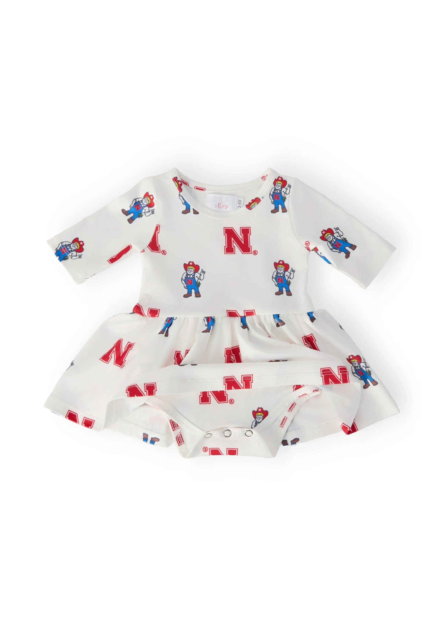 Nebraska White Herbie Husker 3/4 Sleeve Twirl Bodysuit Mila & Rose ® 