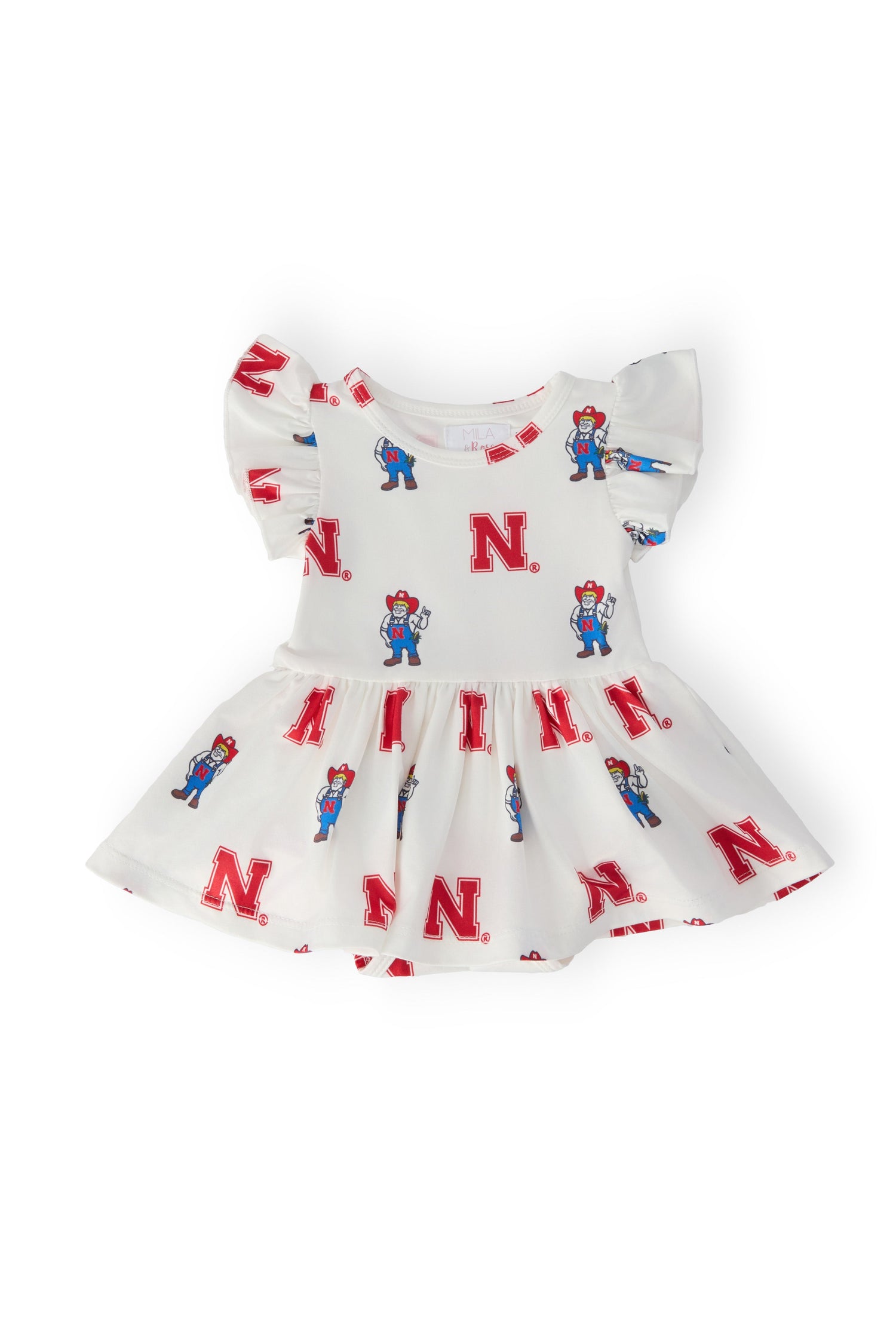White short-sleeve flutter bodysuit with twirl skirt and Nebraska Herbie Husker design.
