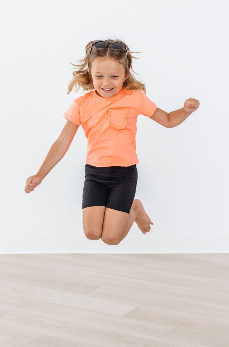 Mila & Rose ® Neon Coral Ruffle Pocket Tee Girls Casual Top Mila Rose - Everetts Place Boutique - 