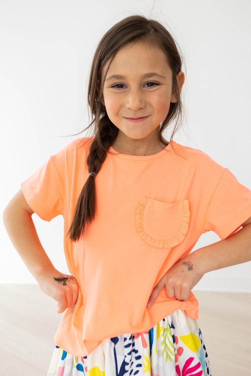 Mila & Rose ® Neon Coral Ruffle Pocket Tee Girls Casual Top Mila Rose - Everetts Place Boutique - 