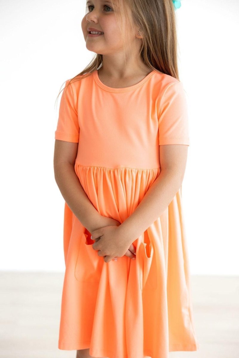Mila & Rose ® Neon Coral Short Sleeve Pocket Twirl Dress For Girls - Everetts Place Boutique - 