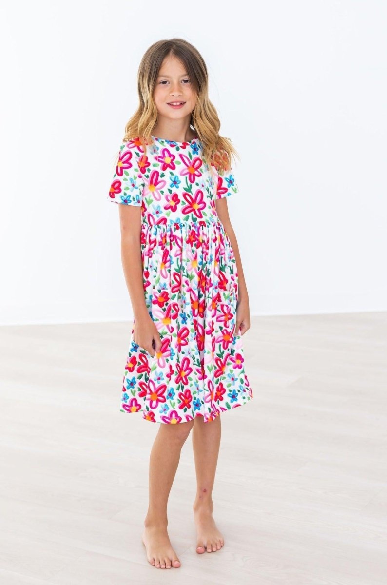 Mila & Rose ® Neon Floral Short Sleeve Pocket Twirl Dress For Girls - Everetts Place Boutique - 