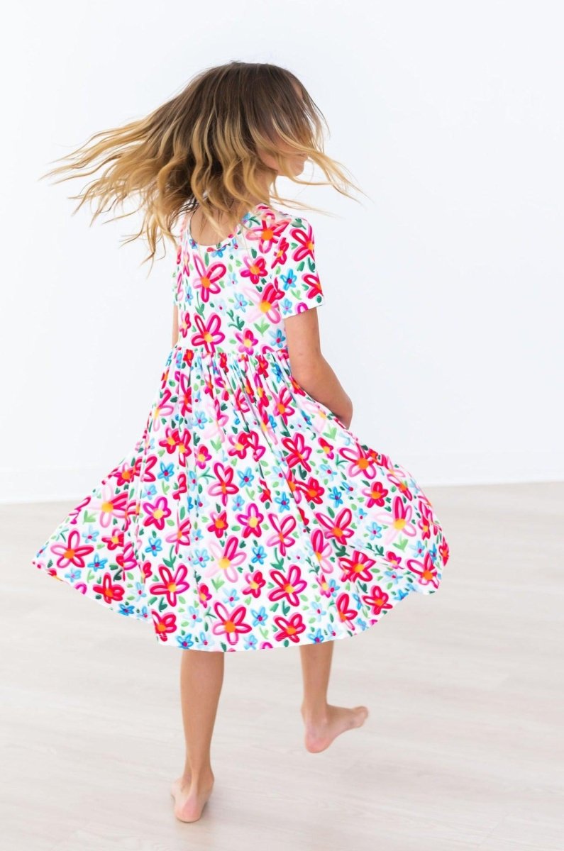 Mila & Rose ® Neon Floral Short Sleeve Pocket Twirl Dress For Girls - Everetts Place Boutique - 