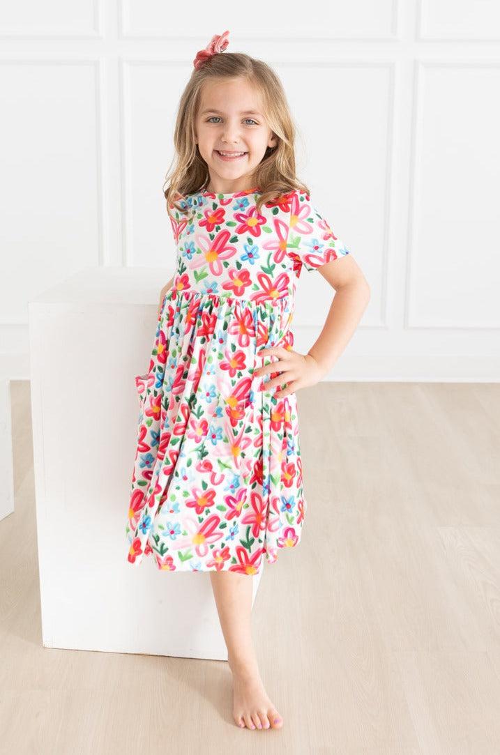 Mila & Rose ® Neon Floral Short Sleeve Pocket Twirl Dress For Girls - Everetts Place Boutique - 