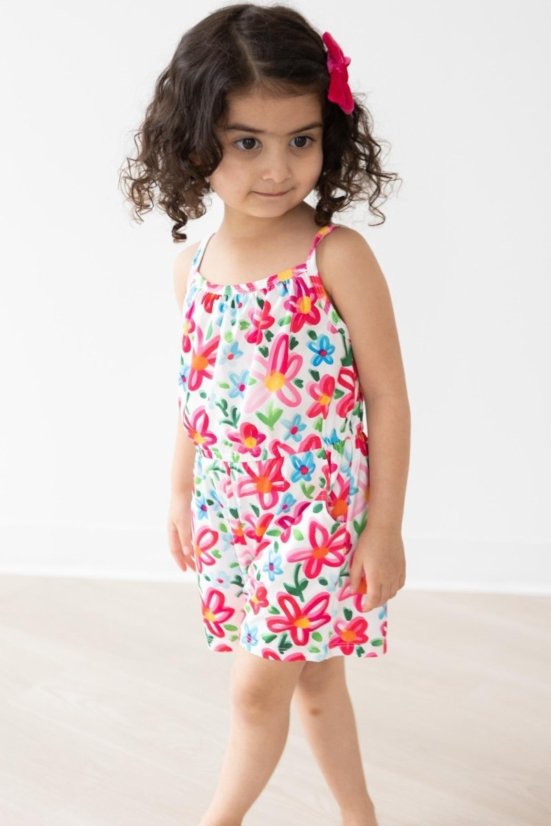 Mila & Rose ® Neon Floral Strappy Play Romper With Pockets For Girls - Everetts Place Boutique - 