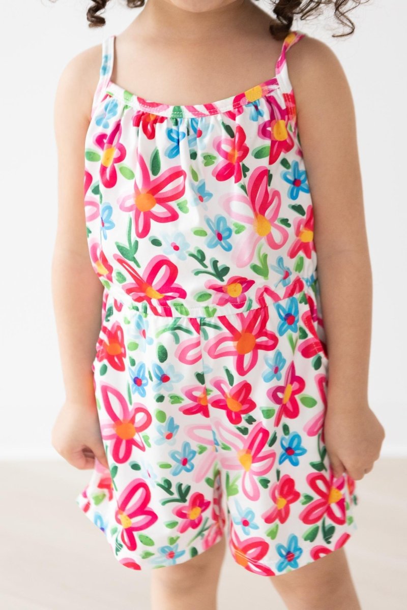 Mila & Rose ® Neon Floral Strappy Play Romper With Pockets For Girls - Everetts Place Boutique - 