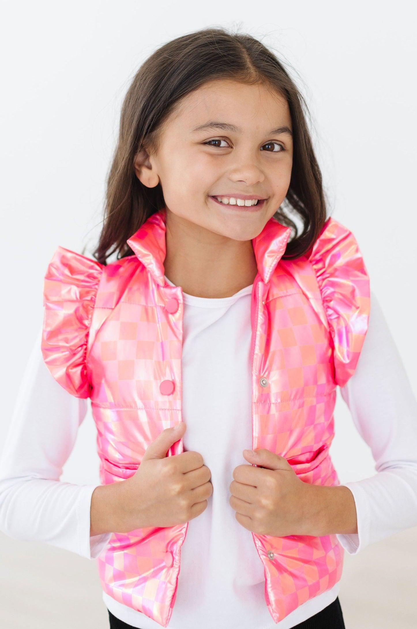 Neon Pink Checker Puffer Vest Mila And Rose Womens Style Mila & Rose ® Everetts Place: Online Boutique