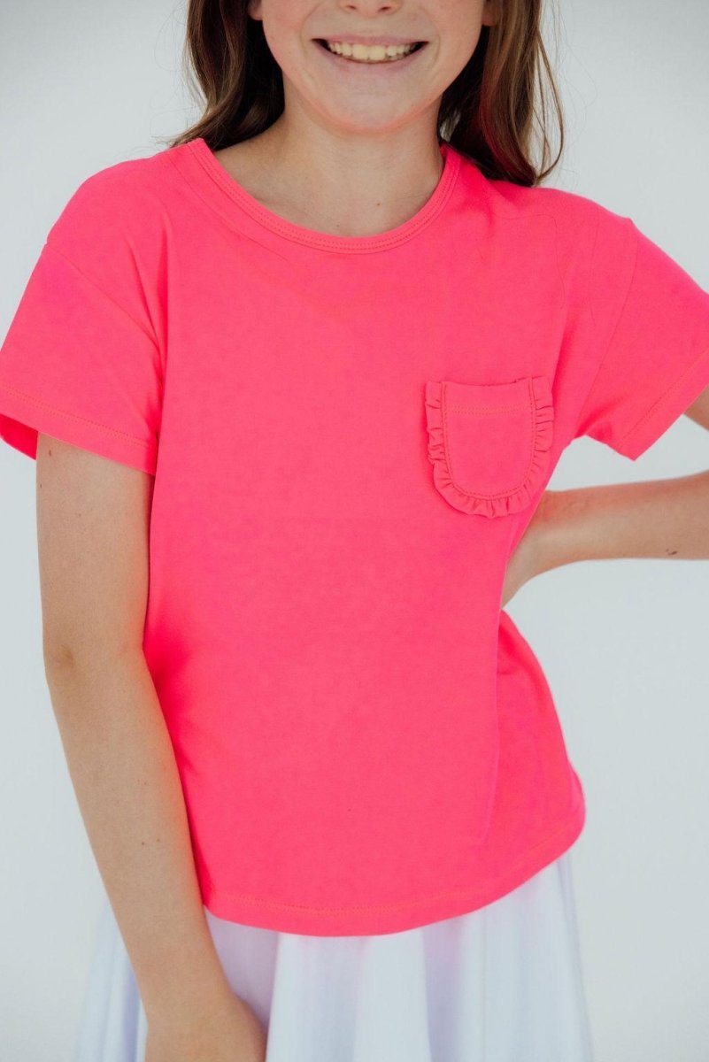Mila & Rose ® Neon Pink Ruffle Pocket Tee For Girls Boxy Casual Top - Everetts Place Boutique - 