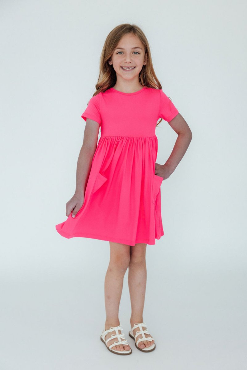 Mila & Rose ® Neon Pink Short Sleeve Pocket Twirl Dress For Toddlers - Everetts Place Boutique - 