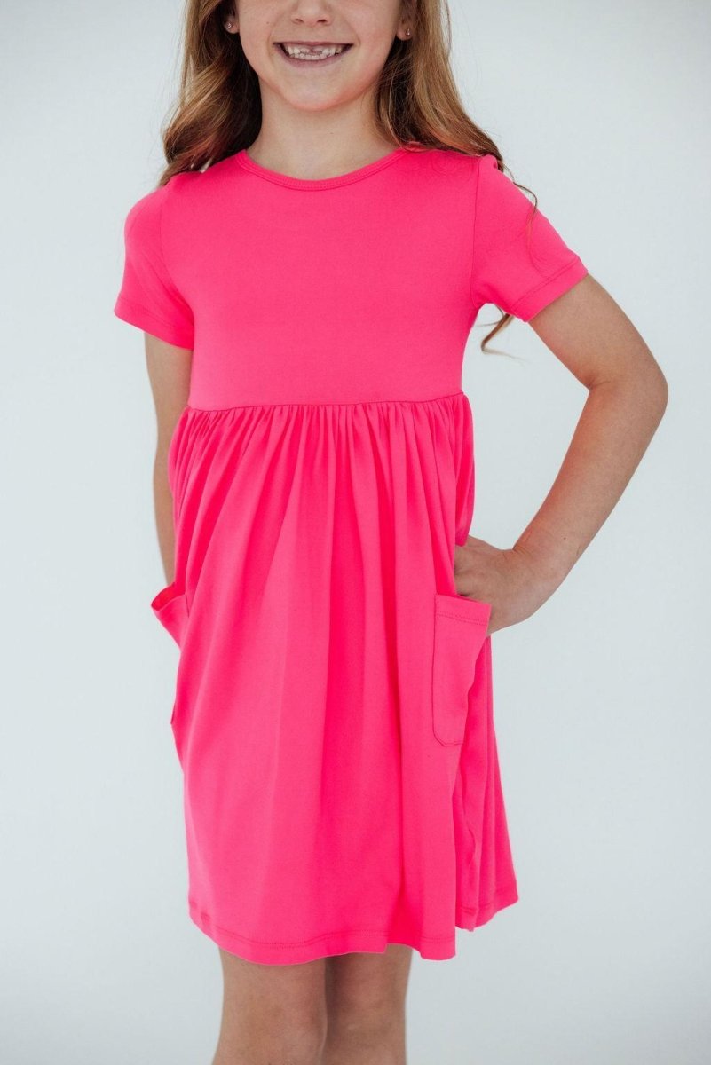 Mila & Rose ® Neon Pink Short Sleeve Pocket Twirl Dress For Toddlers - Everetts Place Boutique - 