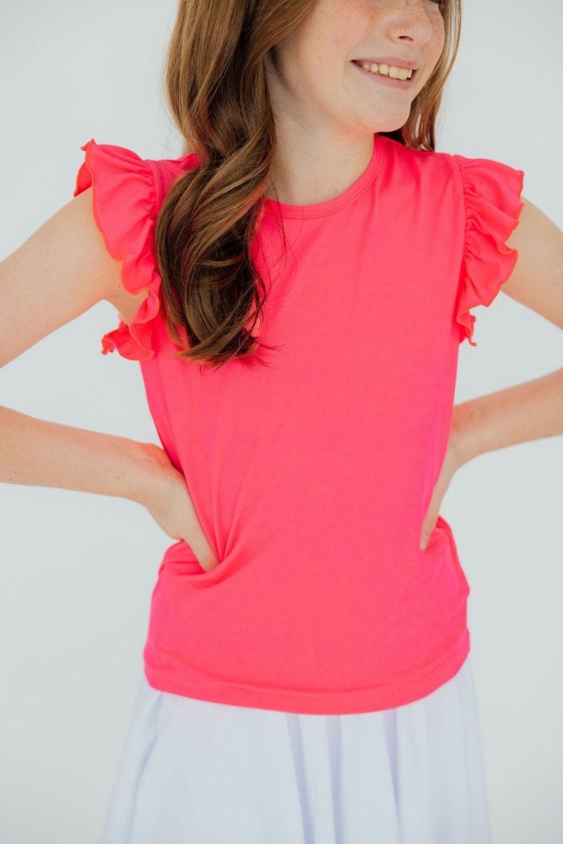 Mila & Rose ® Neon Pink Short Sleeve Ruffle Tee Mila Rose Polyester Girls - Everetts Place Boutique - 