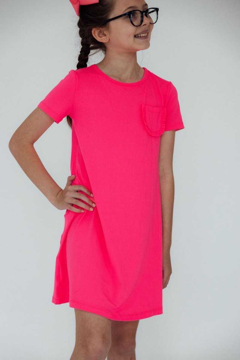 Mila & Rose ® Neon Pink T Shirt Dress For Girls Casual Playwear Everyday - Everetts Place Boutique - 