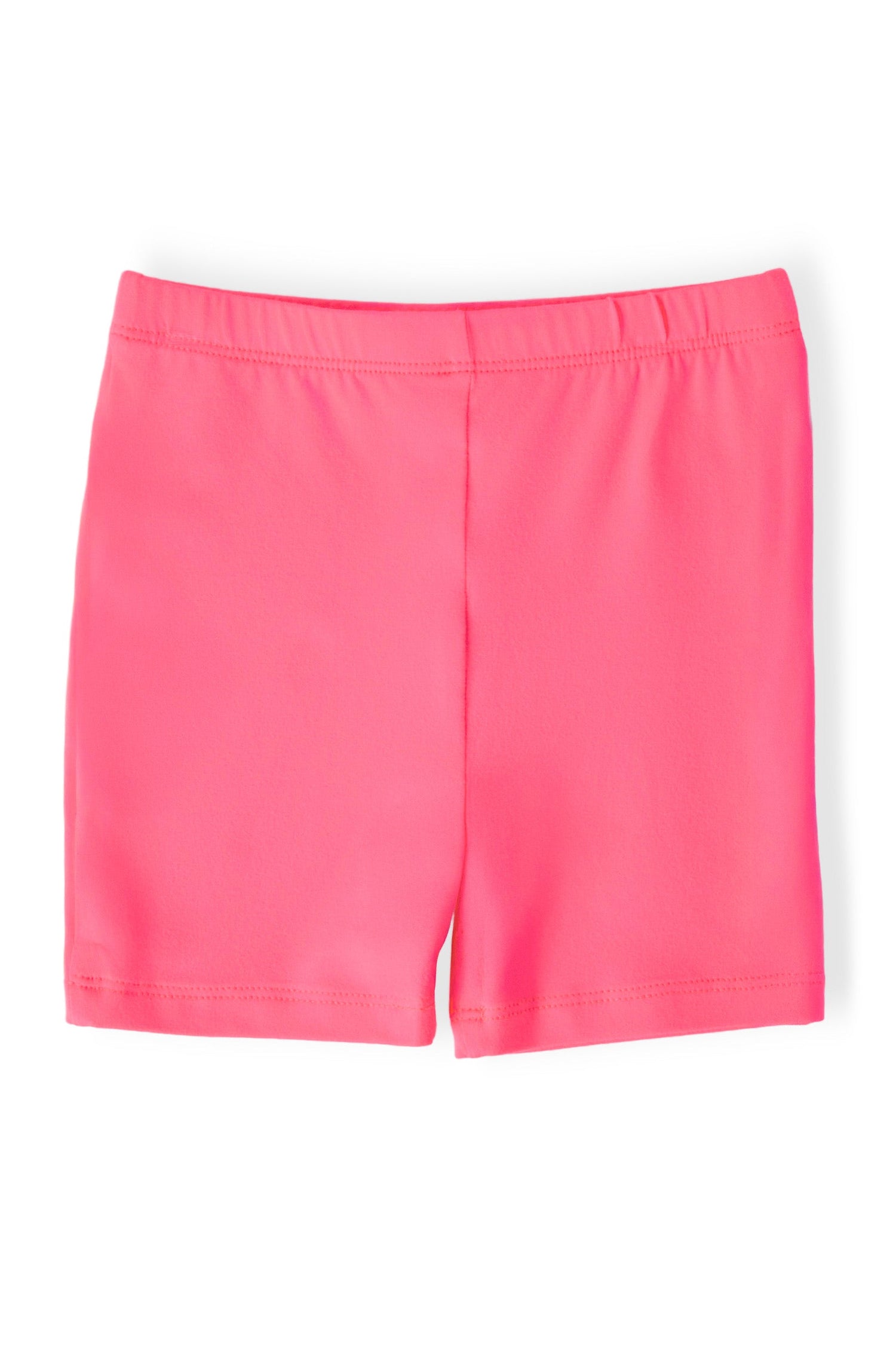 Neon pink high-waisted twirl shorts for girls, made to layer under dresses and skirts