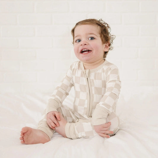 Little Joy Co. Neutral Checker Bamboo Zippy Romper For 18 To 24 Months - Apparel & Accessories > Clothing > Baby & Toddler Clothing > Baby One-Pieces