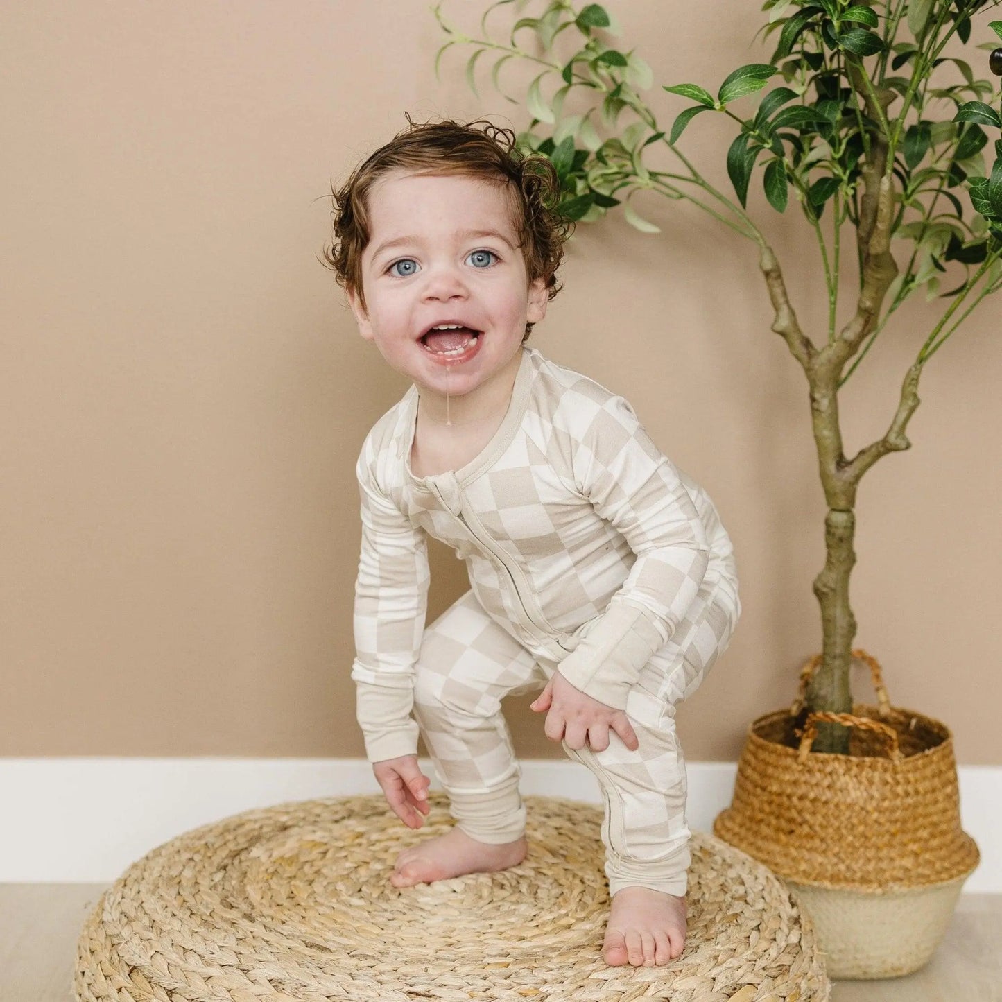 Little Joy Co. Neutral Checker Bamboo Zippy Romper For 18 To 24 Months - Apparel & Accessories > Clothing > Baby & Toddler Clothing > Baby One-Pieces